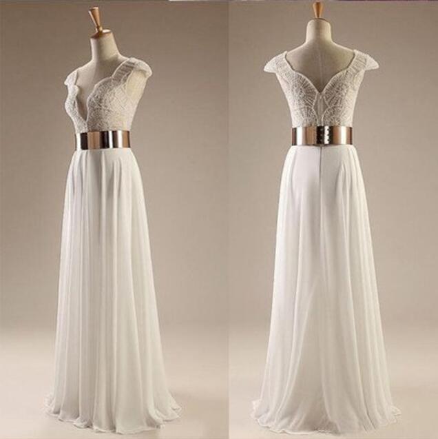 Cap Sleeves White Beading Long Side Slit Party Evening Prom Dresses, BG51239 - Bubble Gown