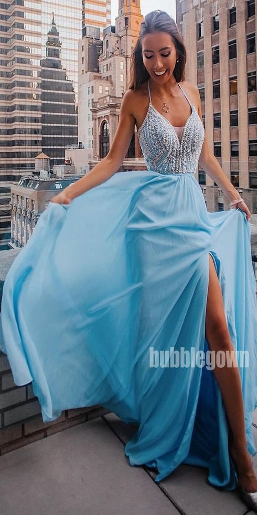 A-line Blue Side Split Beaded Long Prom Dresses FP1153