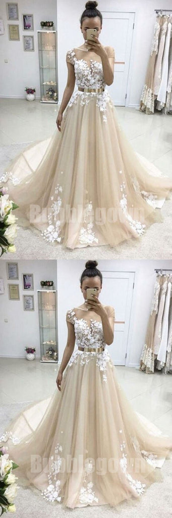 Cap Sleeves Tulle Applique Charming Cheap Long Evening Prom Dresses, BGP041 - Bubble Gown