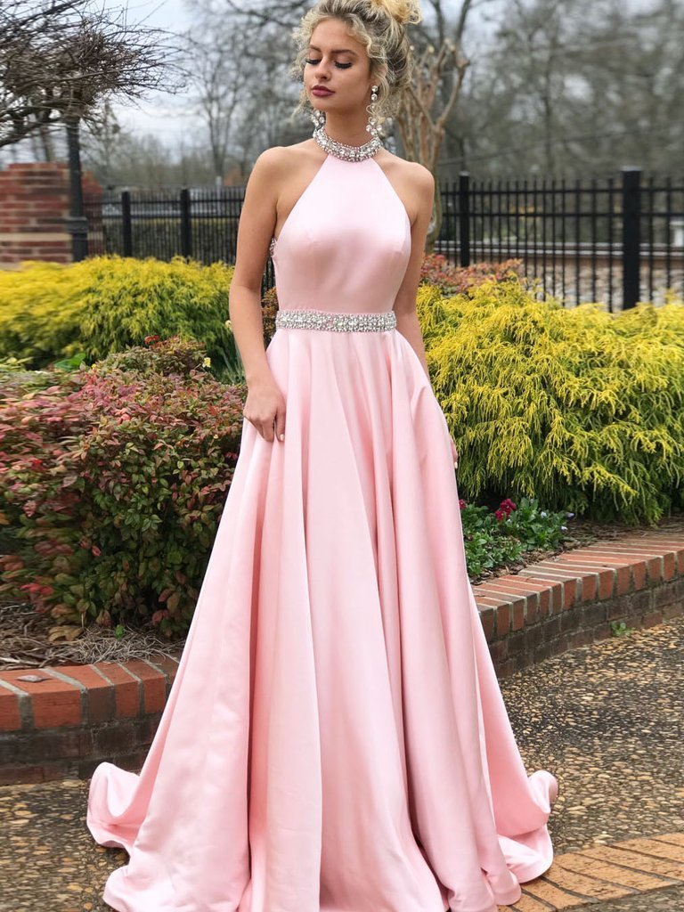 A-line Halter Backless Beading Pink Long Prom Dresses, PD0147