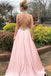 A-line Halter Backless Beading Pink Long Prom Dresses, PD0147