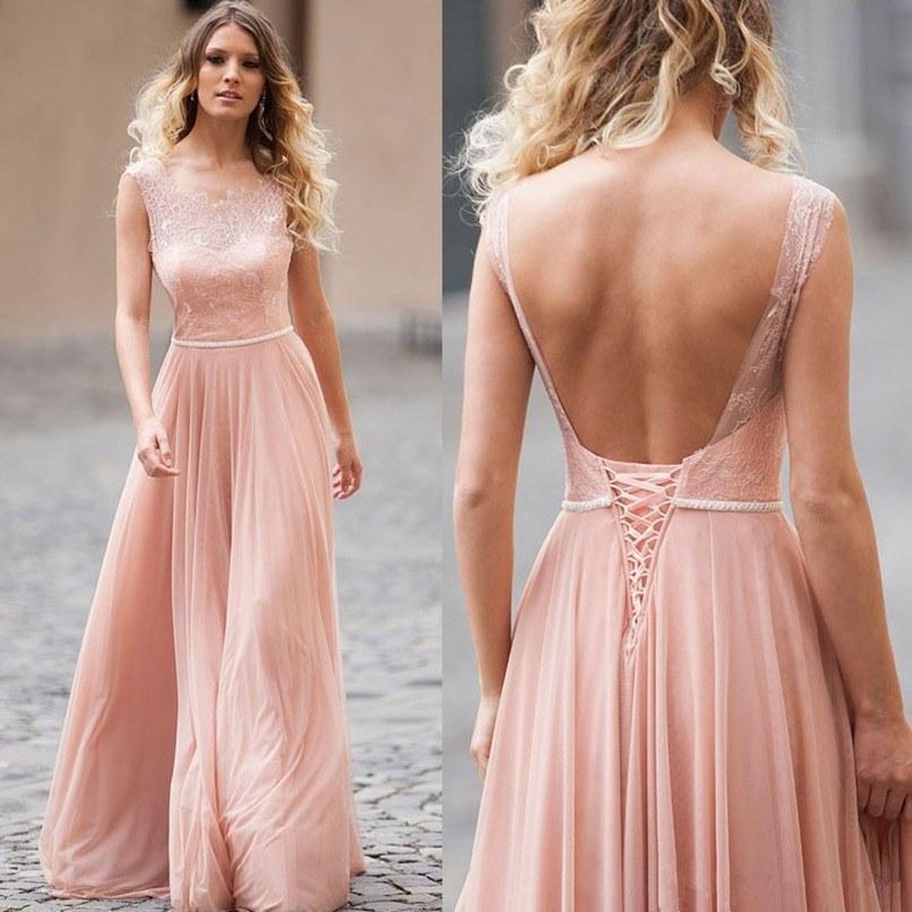 A-line Blush Pink Backless Lace Up Back Long Bridesmaid Dresses, BD0550