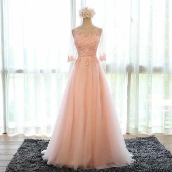 Applique Peach Half Sleeves Elegant Tulle Long Prom Dresses, BG51484 - Bubble Gown