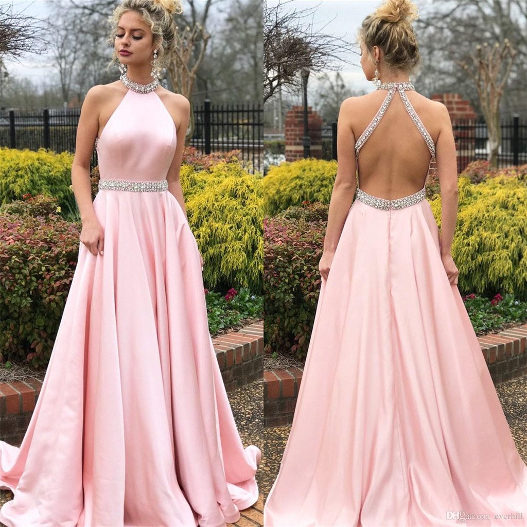 A-line Halter Backless Beading Pink Long Prom Dresses, PD0147