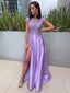 Beaded Side Slit Cap Sleeves Long Prom Dresses, Cheap Evening Prom Dresses, PY017