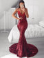 Red Mermaid Sleeveless V Neck Custom Prom Dresses,Sweet 16 Prom Dresses, OL015