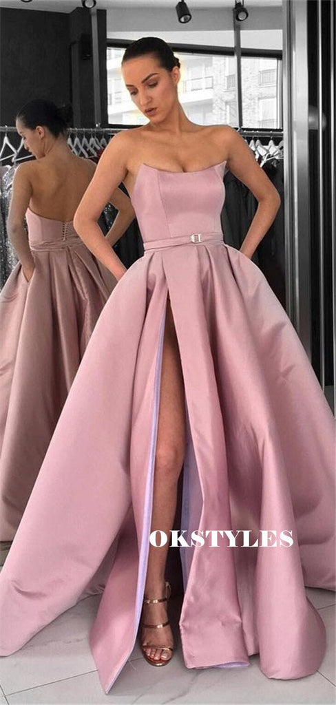 New Arrival Strapless Long Formal Split Prom Dresses With Pockets, PD0590