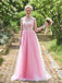 A-line V-Neck Pink Sleeveless Applique Tulle Bridesmaid Dresses, BD0559-1