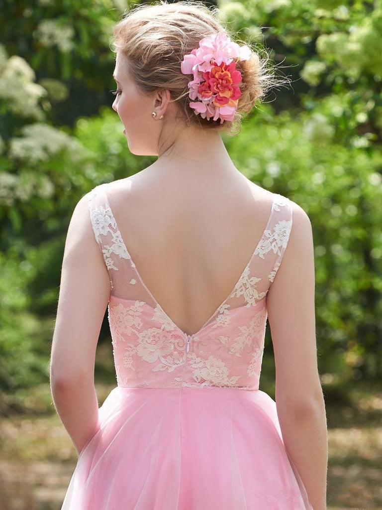 A-line V-Neck Pink Sleeveless Applique Tulle Bridesmaid Dresses, BD0559-1