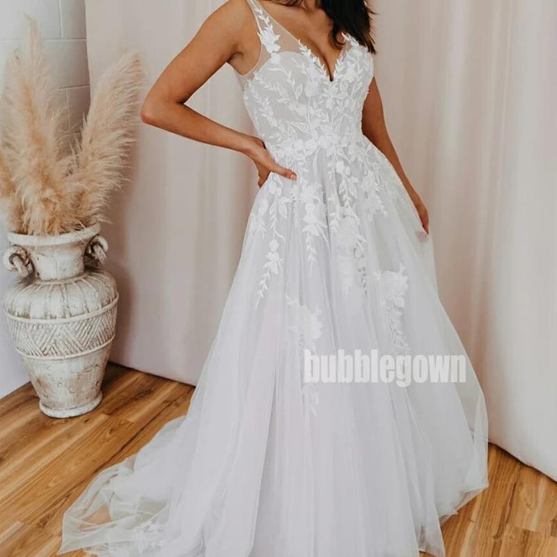 A-line Spaghetti Strap Tulle Long Wedding Dresses, BGH019