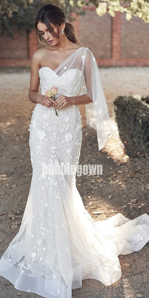 Unique White One-shoulder Mermaid Lace Long Wedding Dresses, BGH029