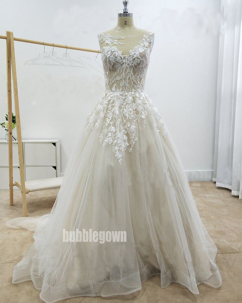 Elegant Flower Sleeveless  Applique Organza Long Wedding Dresses, BGH032