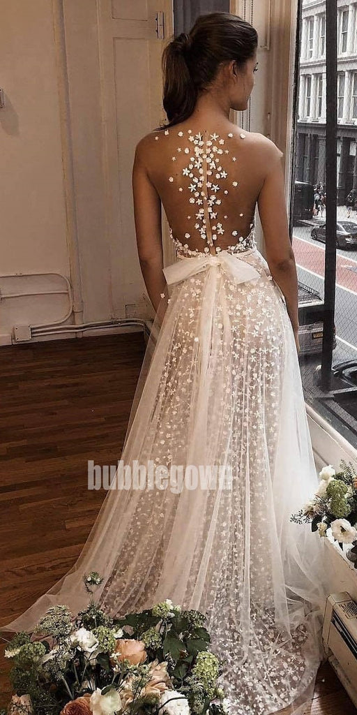 Unique Flower Prints Spaghetti Strap Applique Long Wedding Dresses, BGH036