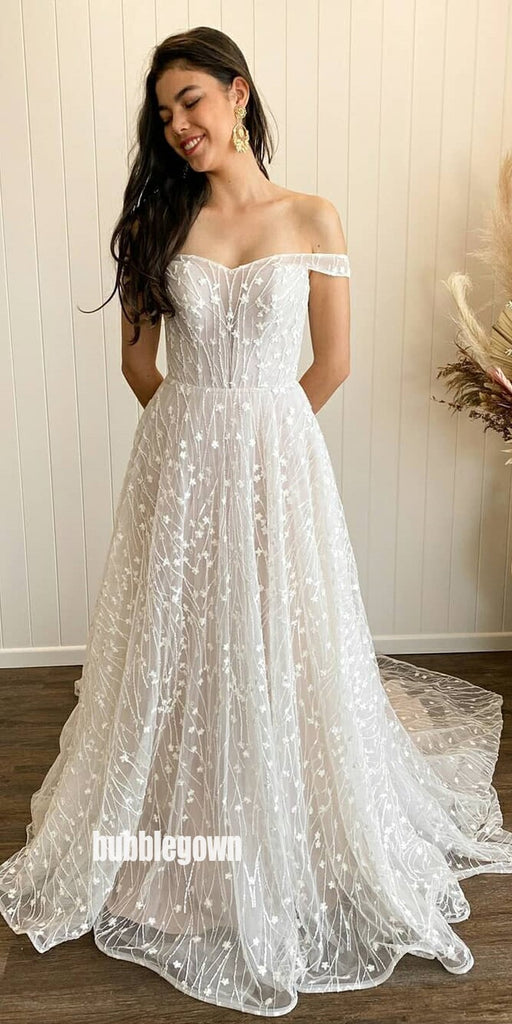 Elegant Off Shoulder Applique Tulle Long Wedding Dresses, BGH080