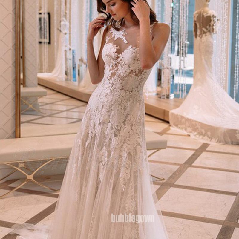 Elegant Applique See Though Lace Wedding Dresses, BGH085