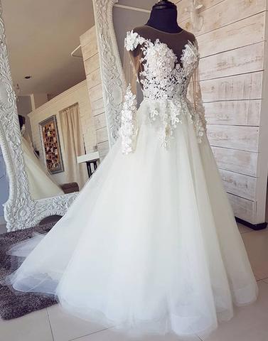 Inexpensive Tulle Applique Long Sleeves Online Long Wedding Dresses, BGP278 - Bubble Gown
