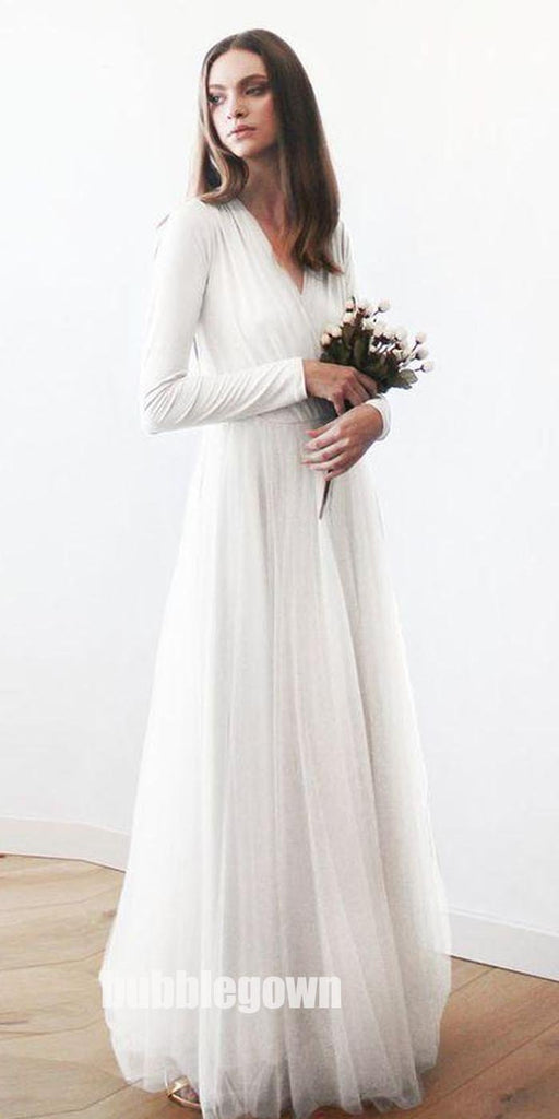 Long Sleeves V Neck Simple Cheap Beach Long Wedding Dresses, BG51635