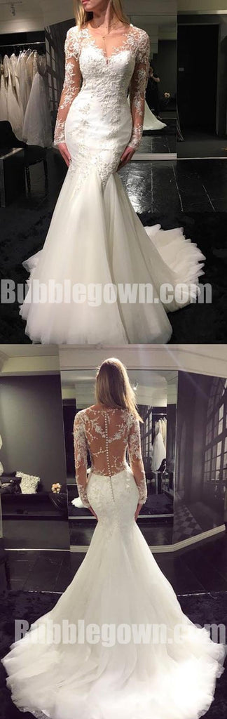 Long Sleeves Seen Through Back Mermaid Charming Long Wedding Dresses, BGW012 - Bubble Gown