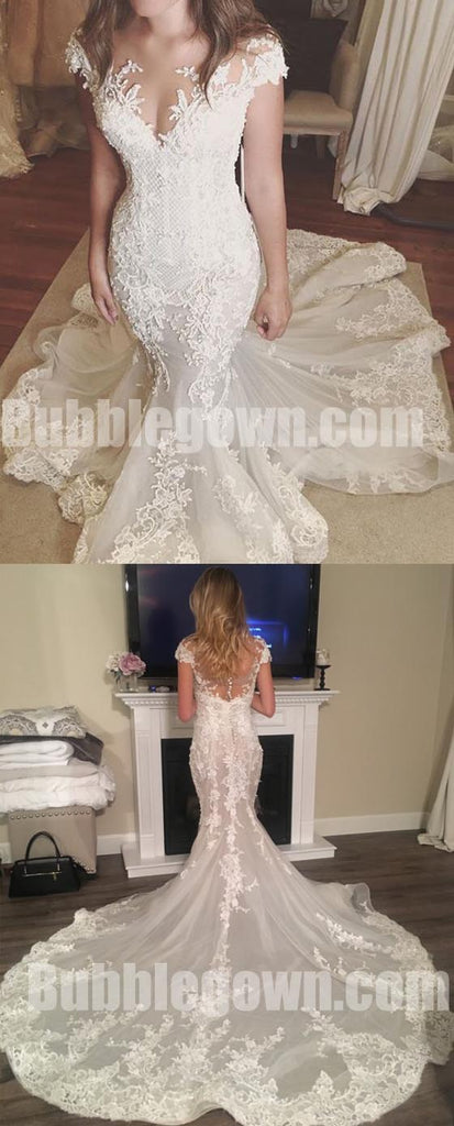 Cap Sleeves Lace Mermaid Elegant Bridal Long Wedding Dresses, BGW010 - Bubble Gown