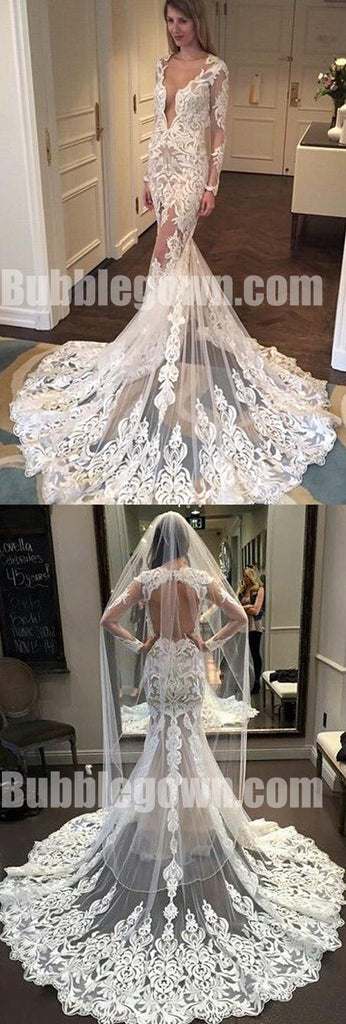 Sexy Long Sleeves Mermaid Deep V Neck Backless Long Wedding Dresses, BGW008